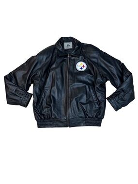 VTG 90s Burk’s Bay Pittsburgh Steelers Black Bomber Leather Jacket Size XXL